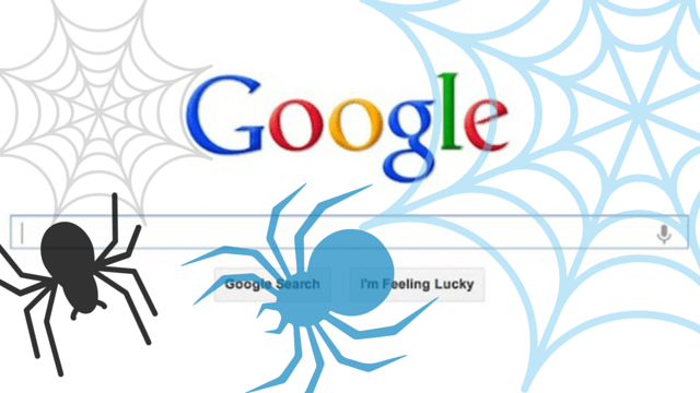 Google search bar with spider graphics to illustrate web crawlers