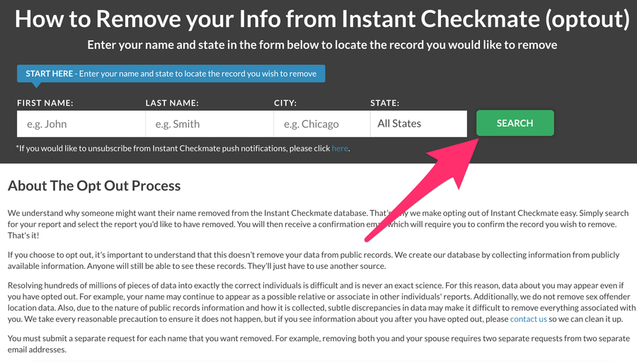 Search for your Instant Checkmate listing