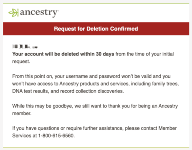 ancestry account deletion confirmation email