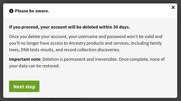 ancestry.com deletion request warning