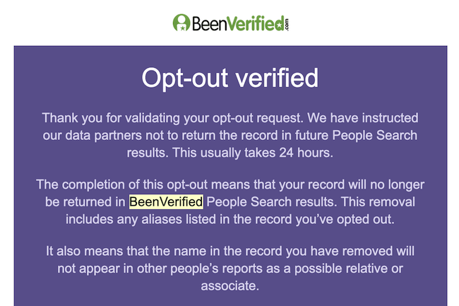 beenverified opt out verified