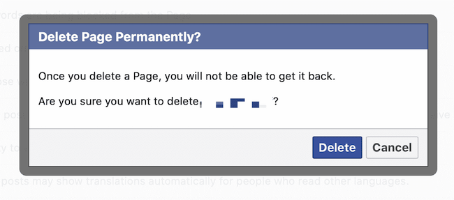 confirm facebook page deletion