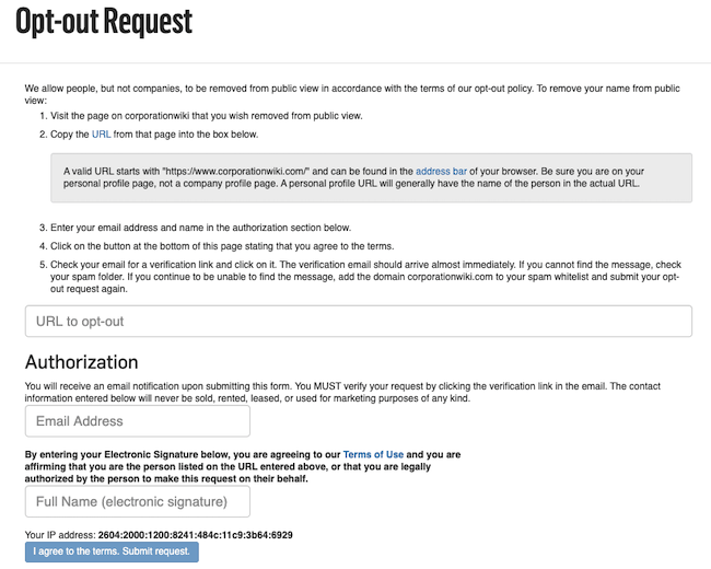 corporationwiki opt out page