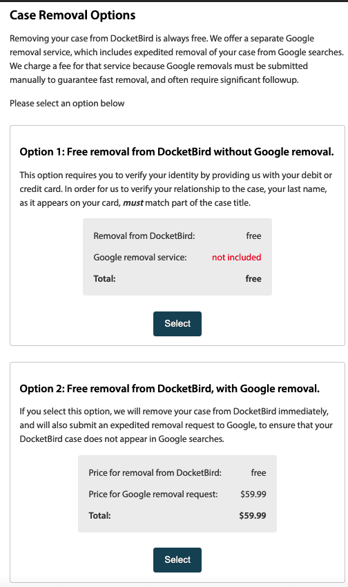 docketbird removal options