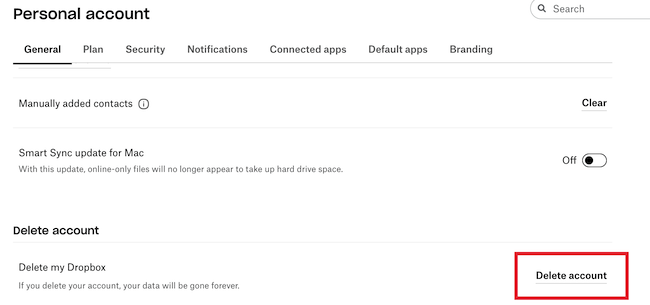dropbox delete account