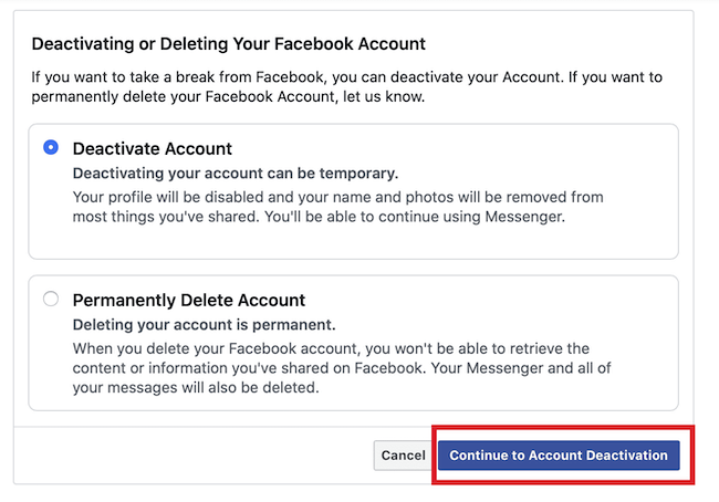 facebook continue to account deactivation
