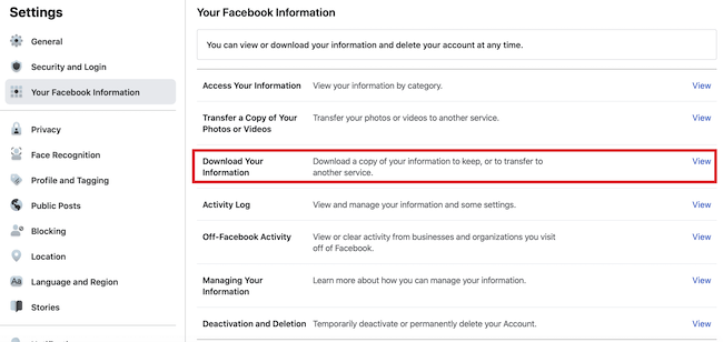 facebook download your information