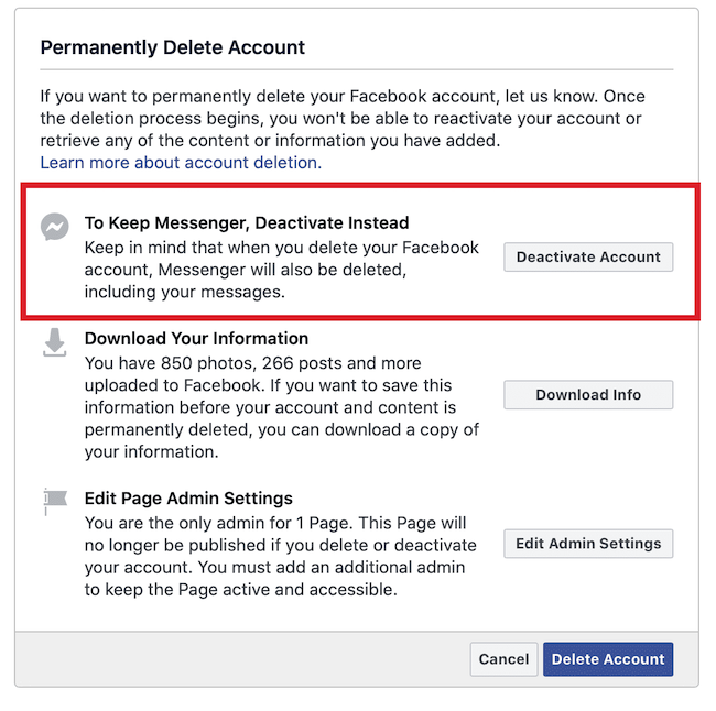 how to deactivate facebook account but keep messenger