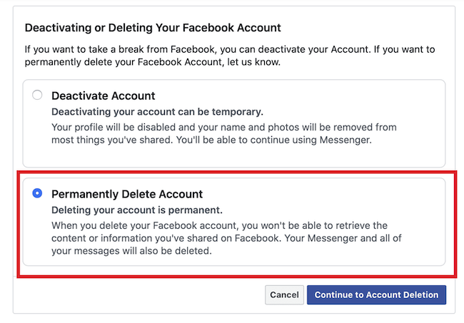 facebook permanently delete account