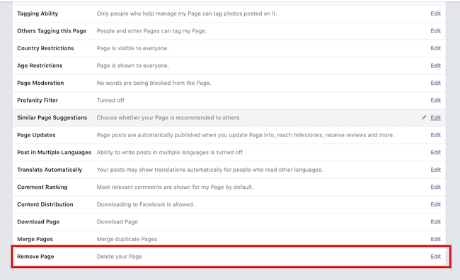 facebook remove page