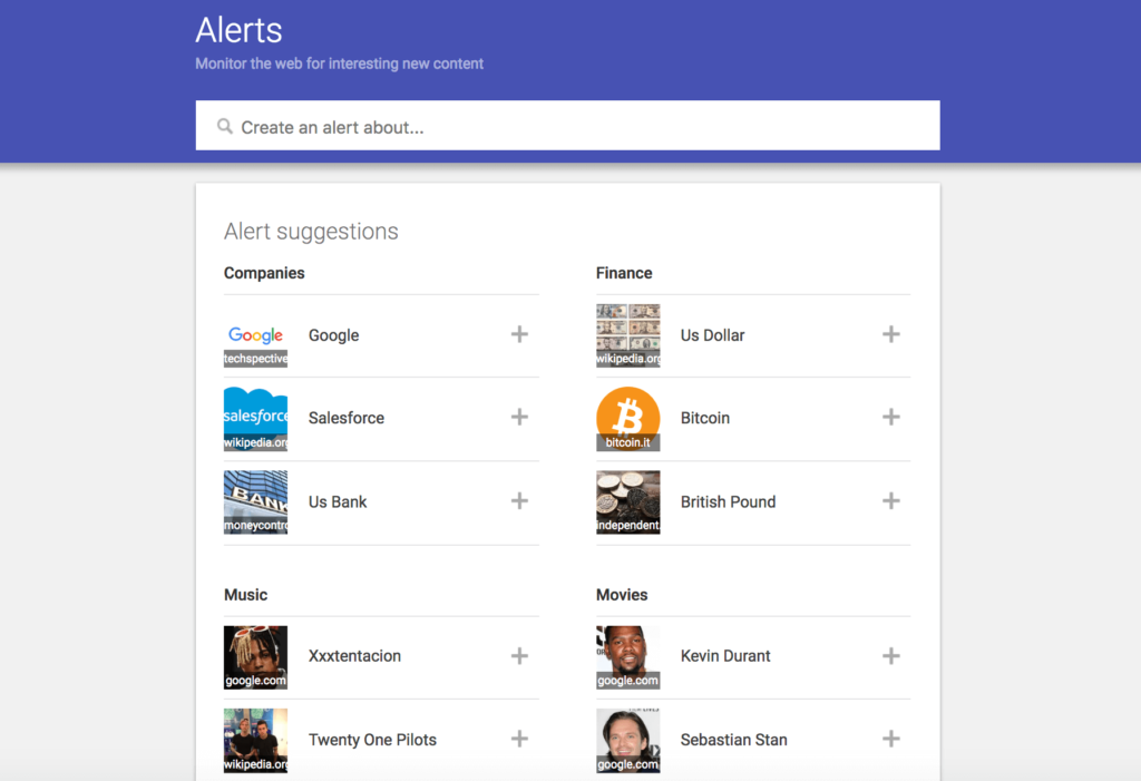 Google alerts set up screen