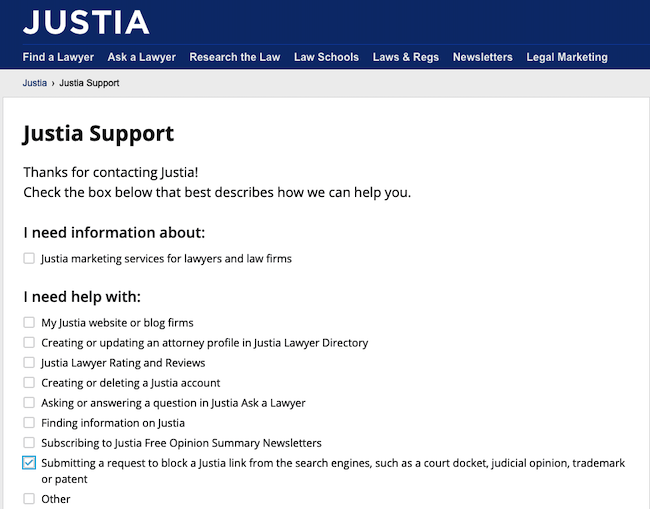 Justia submit request to block link