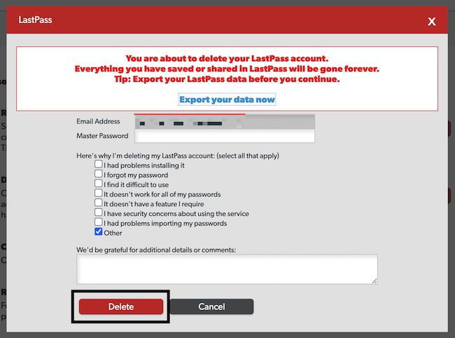 lastpass deletion form