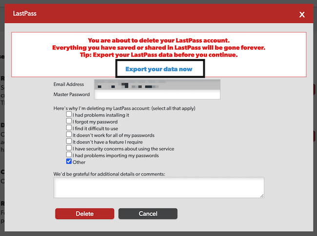 lastpass export your data