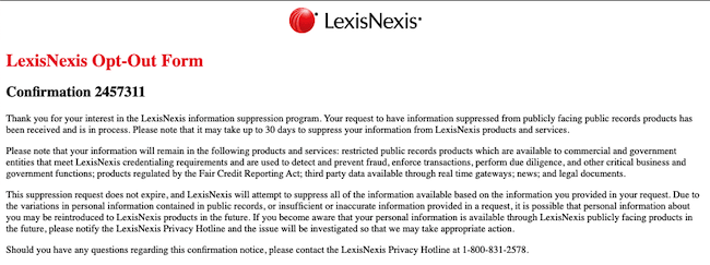 lexisnexis opt out confirmation