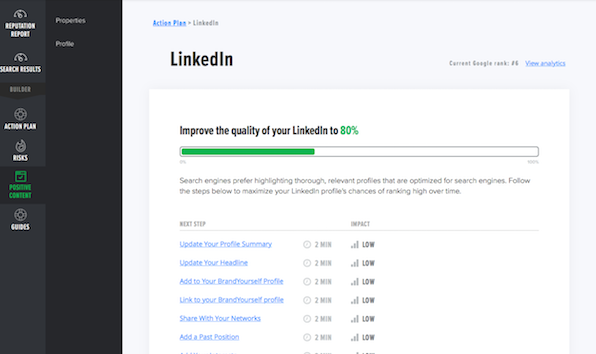 BrandYourself dashboard, linkedin, optimization steps 