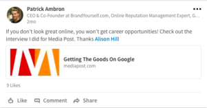 BrandYourself, Patrick Ambron linkedin status update