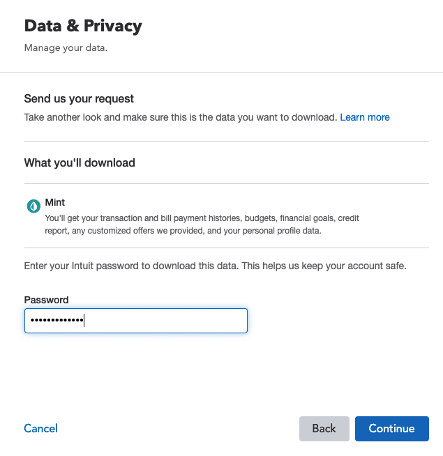 mint download enter password