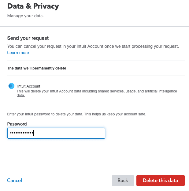 mint enter password confirm data deletion