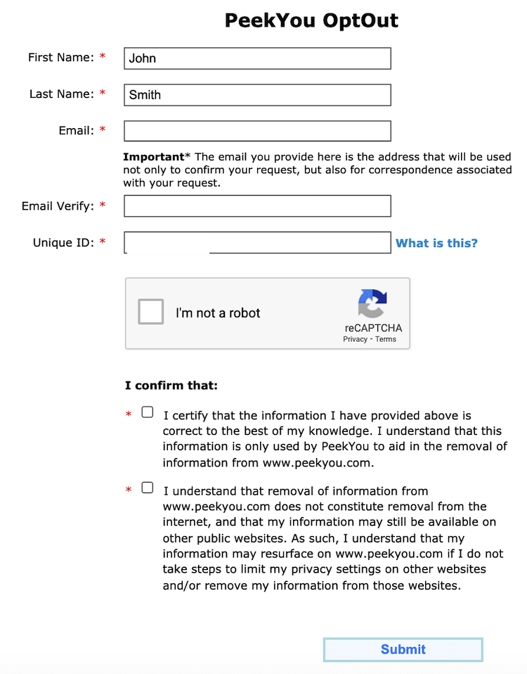 peekyou opt out form