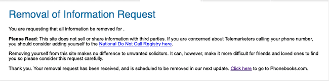phonebooks.com opt out confirmation