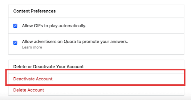 quora deactivate account