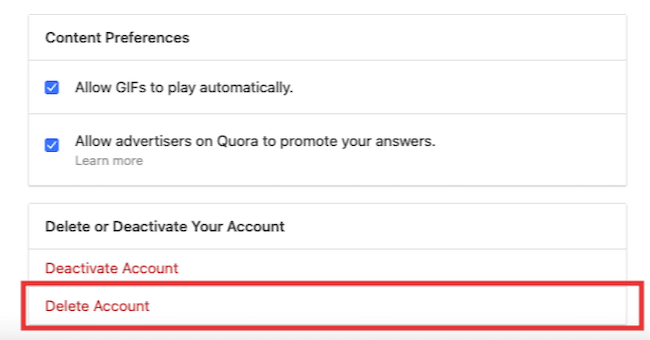 quora delete account
