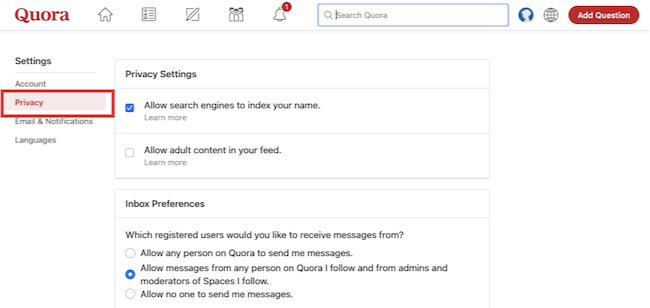 quora privacy settings