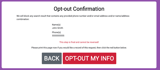 spy dialer opt out confirmation