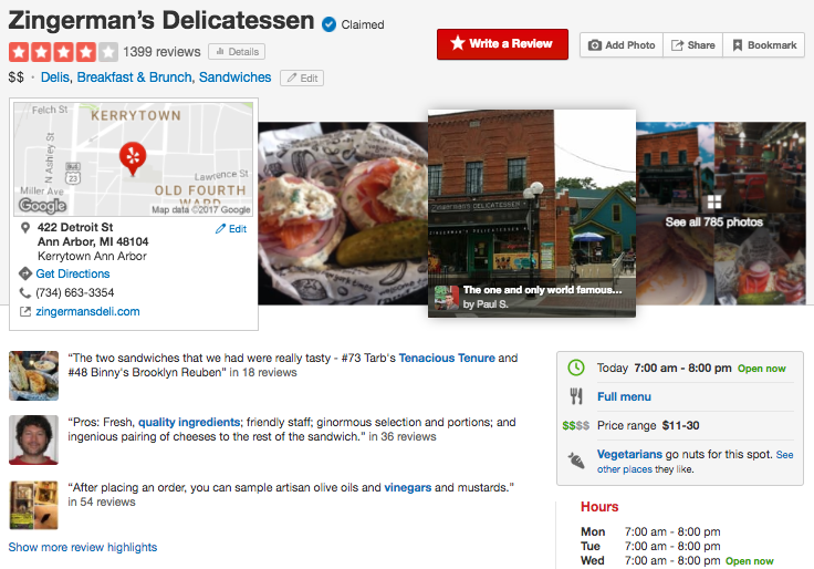 zingermans yelp page screenshot