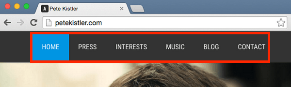 Pete Kistler navigation bar on home page